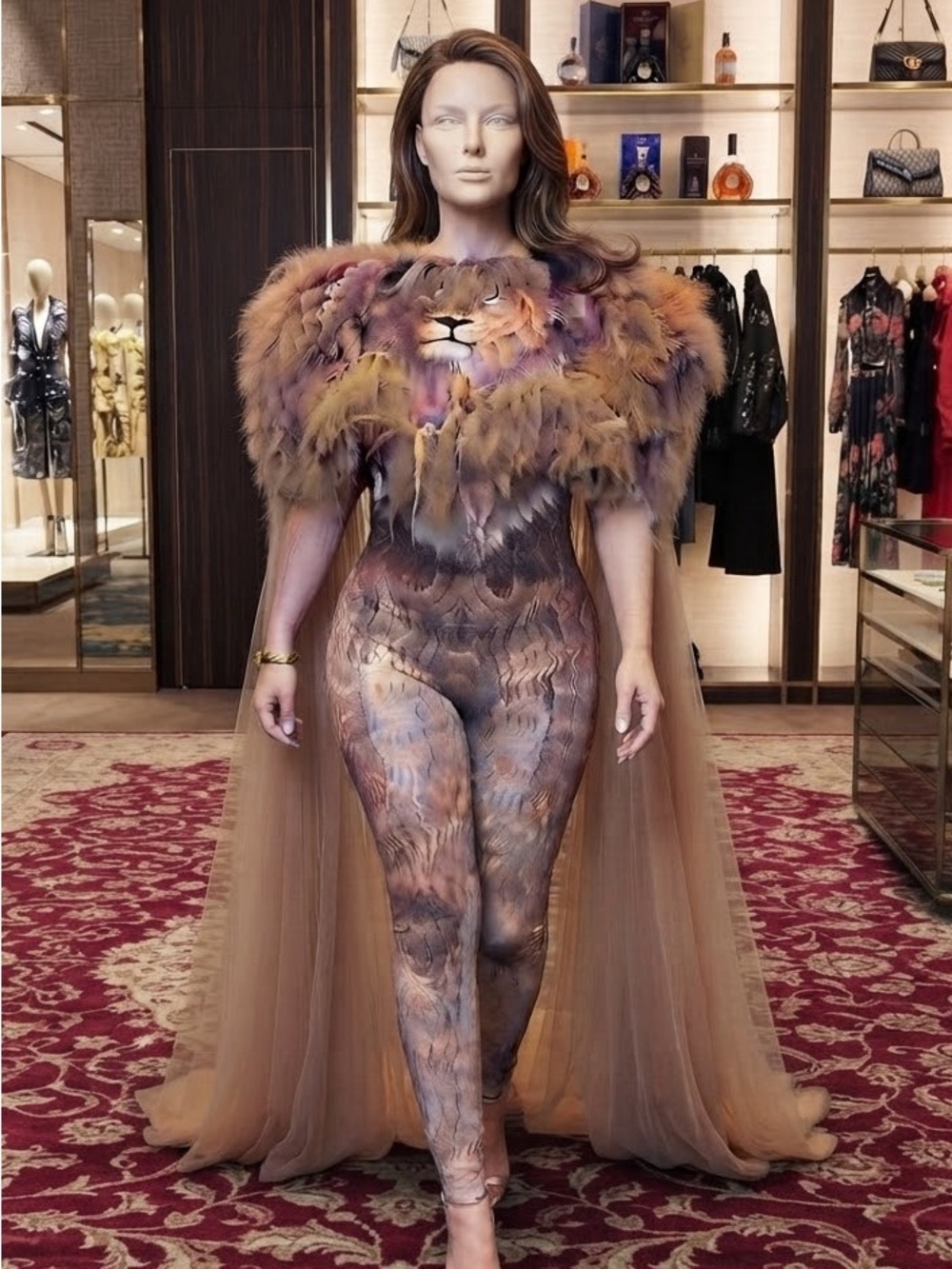 Women's Multicolor Lion-Print Jumpsuit with Feathered Cape